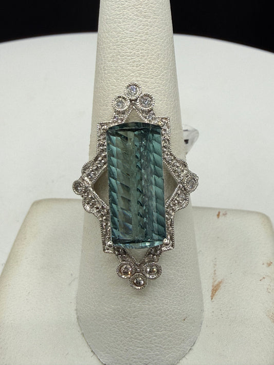8.86 Carat Natural Indicolite Blue Tourmaline & Diamond 14k White Gold Statement Ring | Size 8.25