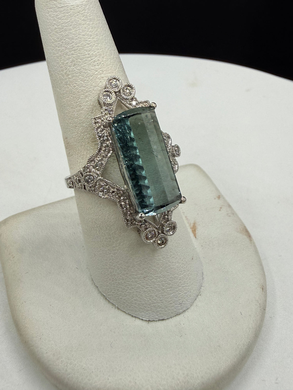 8.86 Carat Natural Indicolite Blue Tourmaline & Diamond 14k White Gold Statement Ring | Size 8.25