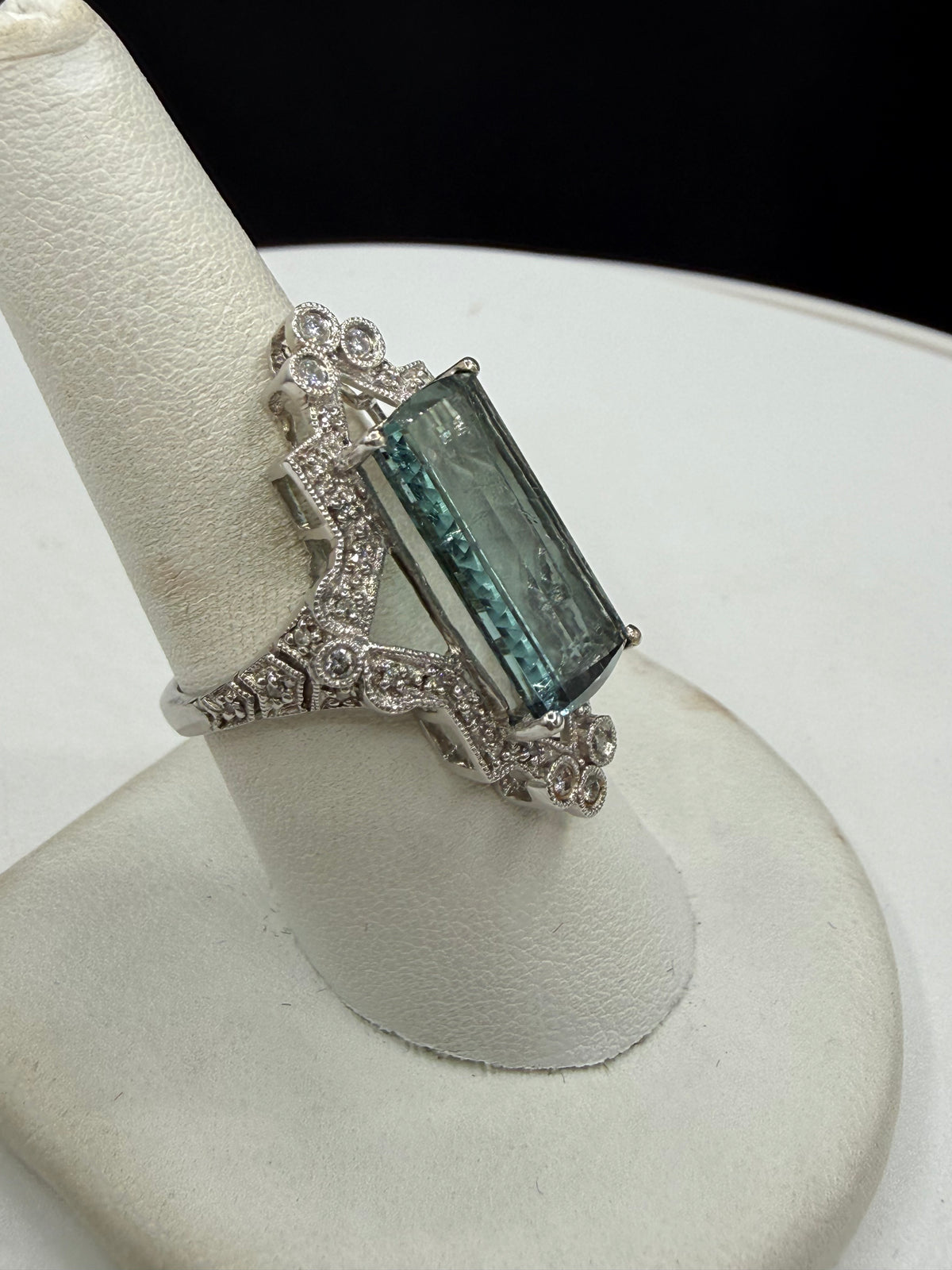8.86 Carat Natural Indicolite Blue Tourmaline & Diamond 14k White Gold Statement Ring | Size 8.25