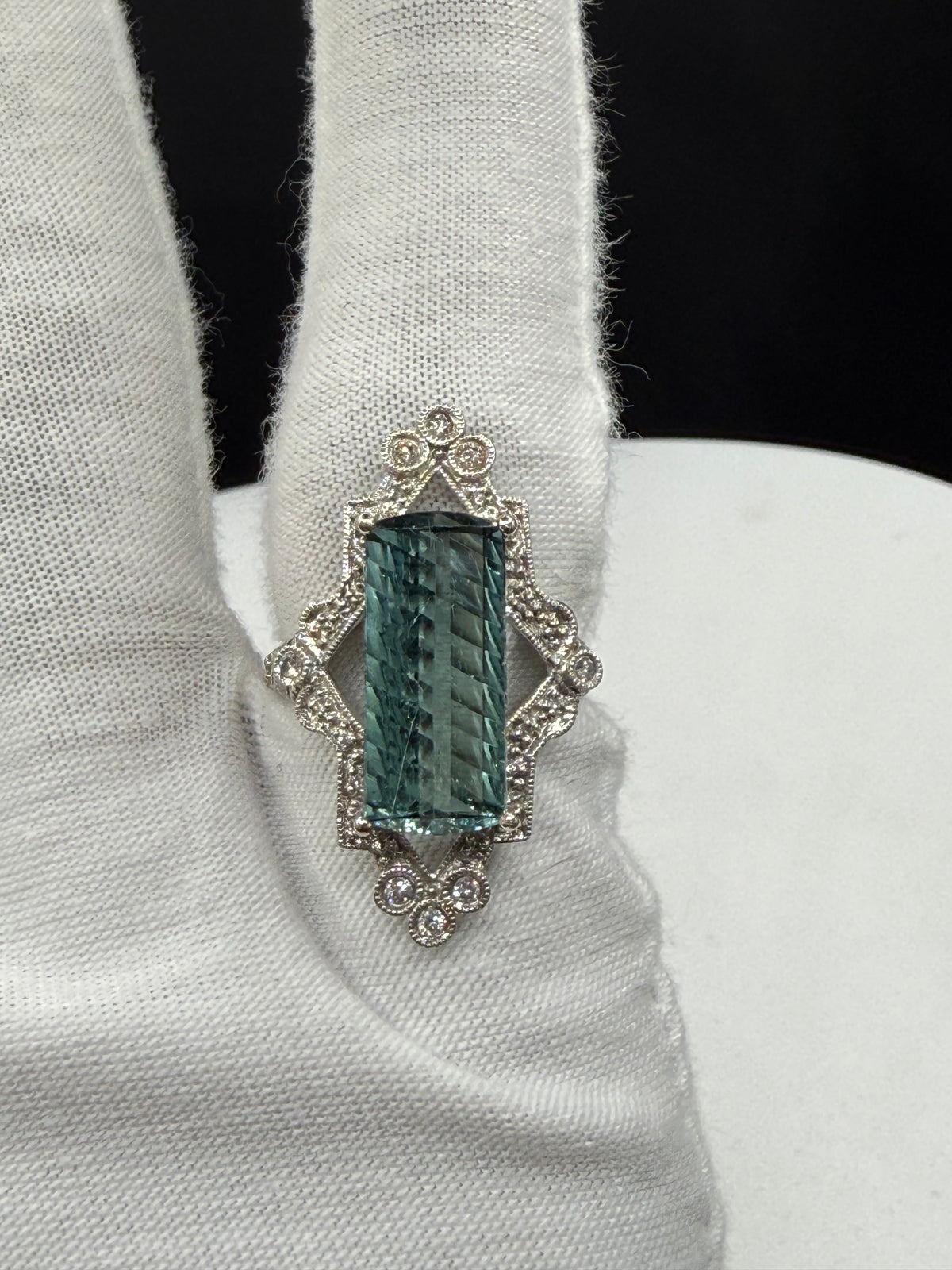 8.86 Carat Natural Indicolite Blue Tourmaline & Diamond 14k White Gold Statement Ring | Size 8.25