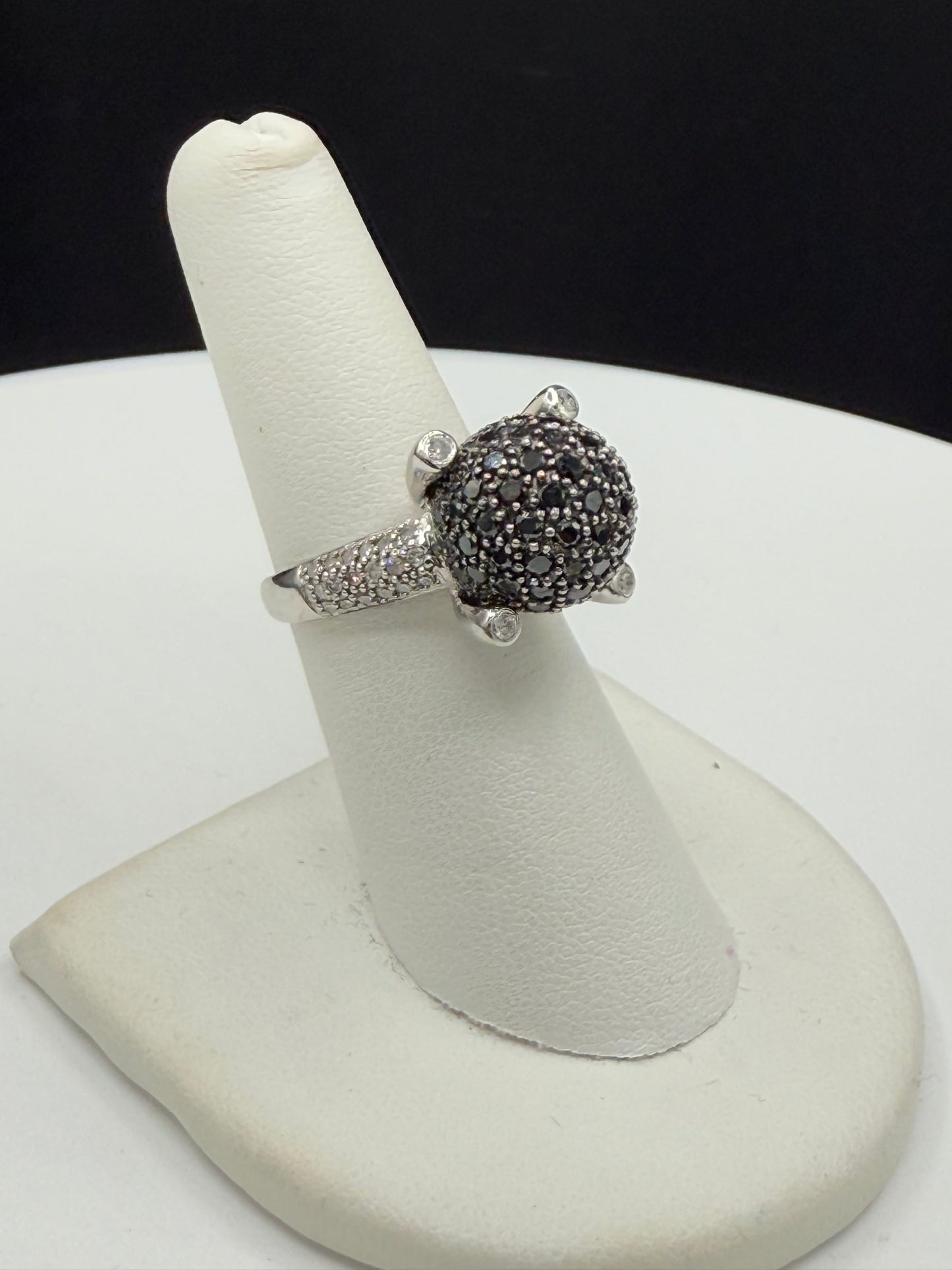 Natural Black & White Diamond Cocktail Ring, 14k White Gold, 1.61 Carats, Size 6.5