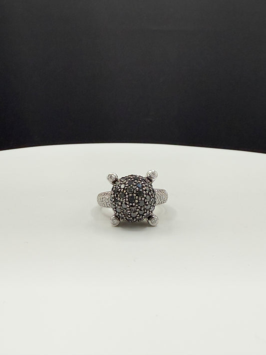 Natural Black & White Diamond Cocktail Ring, 14k White Gold, 1.61 Carats, Size 6.5