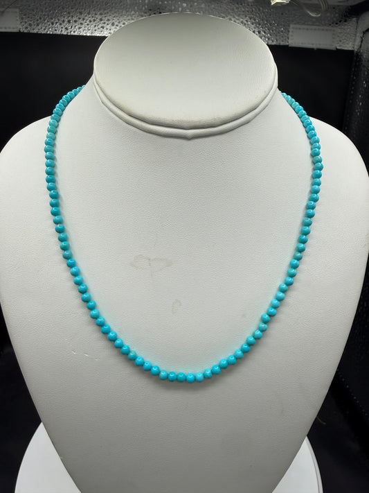 Natural Sleeping Beauty Turquoise Sterling Silver Ball Clasp Beaded Necklace | 19 Inches