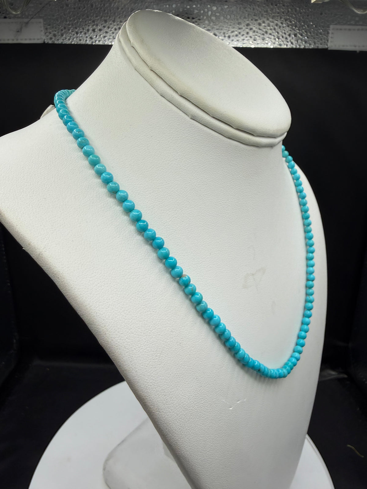 Natural Sleeping Beauty Turquoise Sterling Silver Ball Clasp Beaded Necklace | 19 Inches