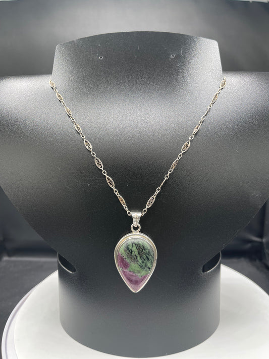 Handmade Natural Ruby Zoisite Sterling Silver Pendant Necklace | 18” Chain | Stamped 925