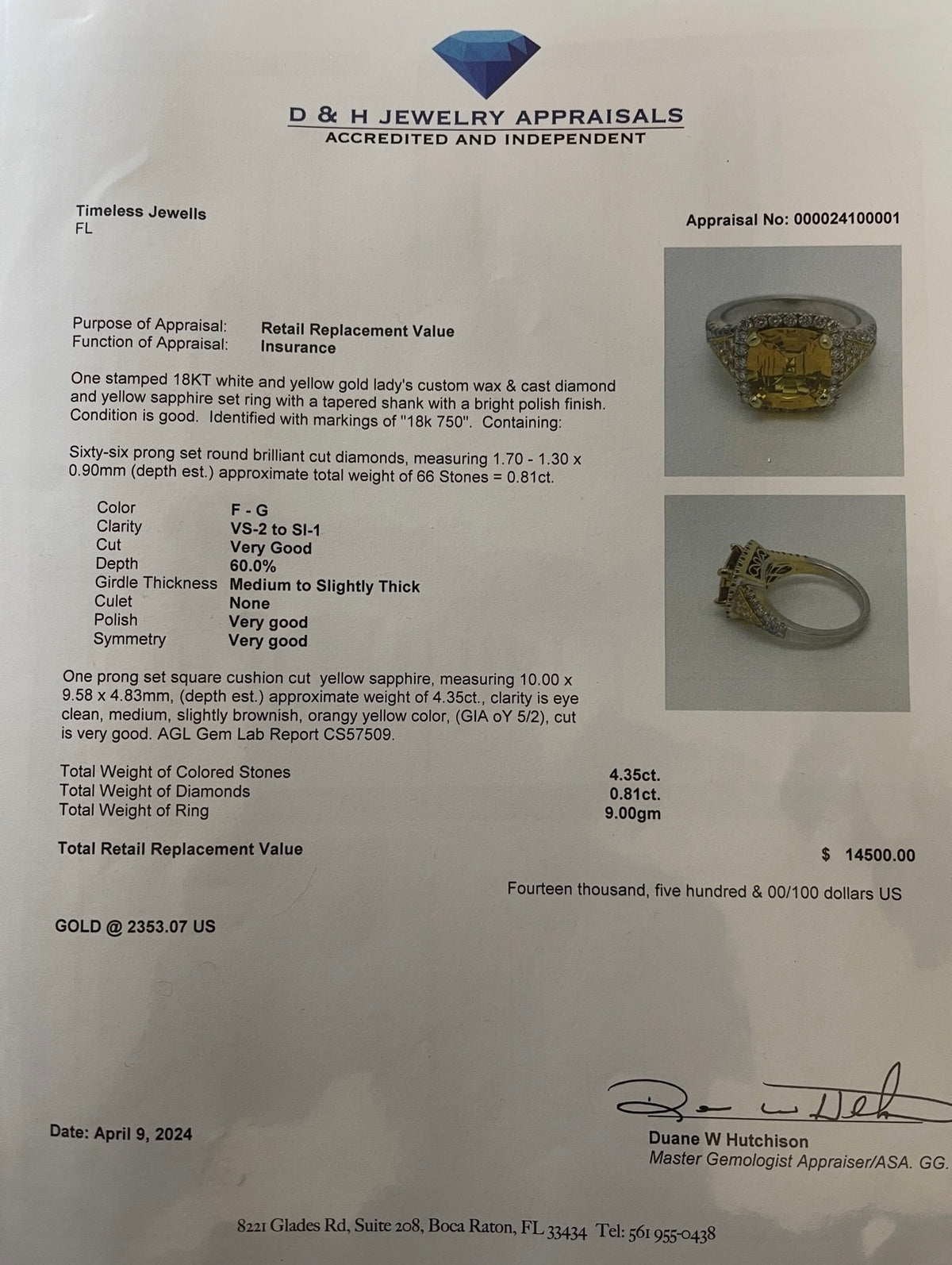 AGL Certified 4.35 CT Yellow Sapphire 0.81 CTW Diamond 18K Two Tone Ring | Size 7.5