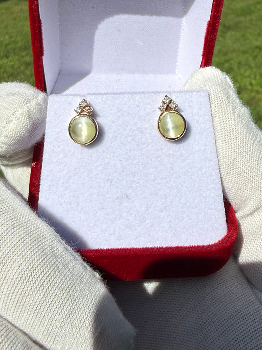 Natural Cats Eye Chrysoberyl & Diamond 18k Yellow Gold Screwback Earrings