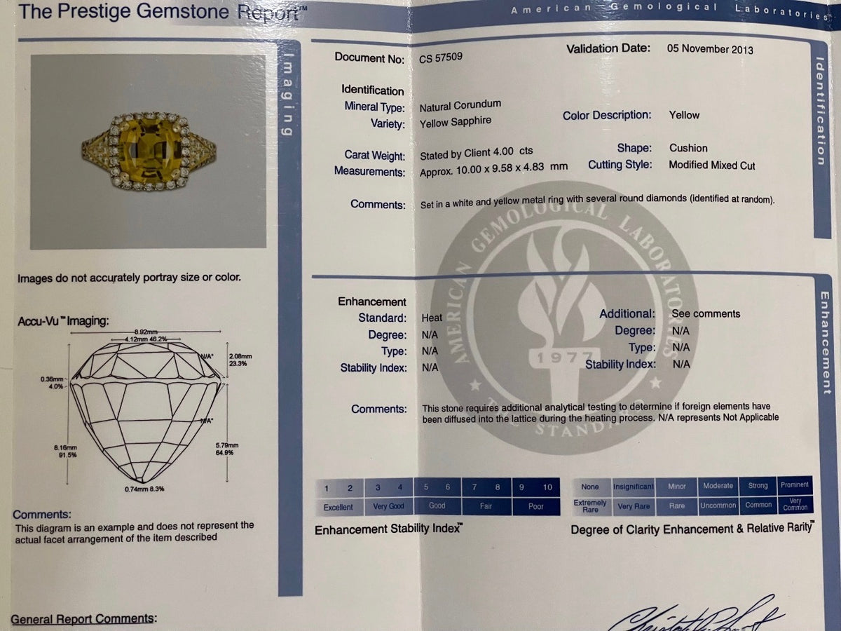 AGL Certified 4.35 CT Yellow Sapphire 0.81 CTW Diamond 18K Two Tone Ring | Size 7.5