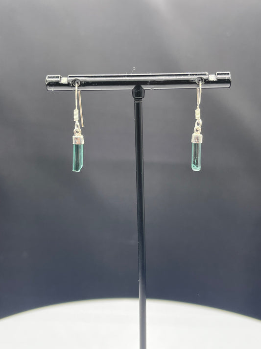 Handmade Green Tourmaline Crystal Sterling Silver Dangle Earrings, 1.16” Length, 925 Stamped