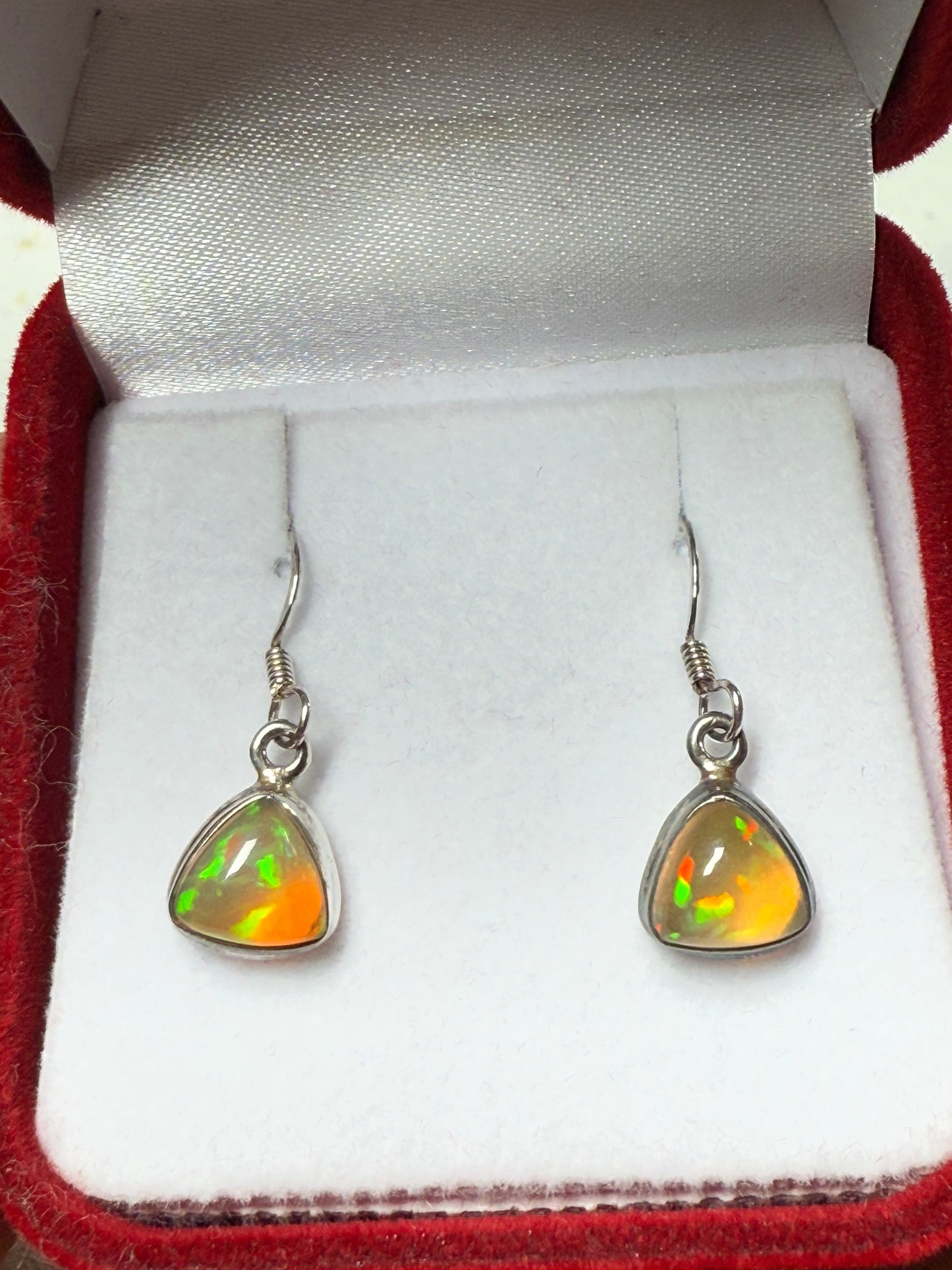 Natural Ethiopian Opal Trillion Cut Sterling Silver Dangle Earrings