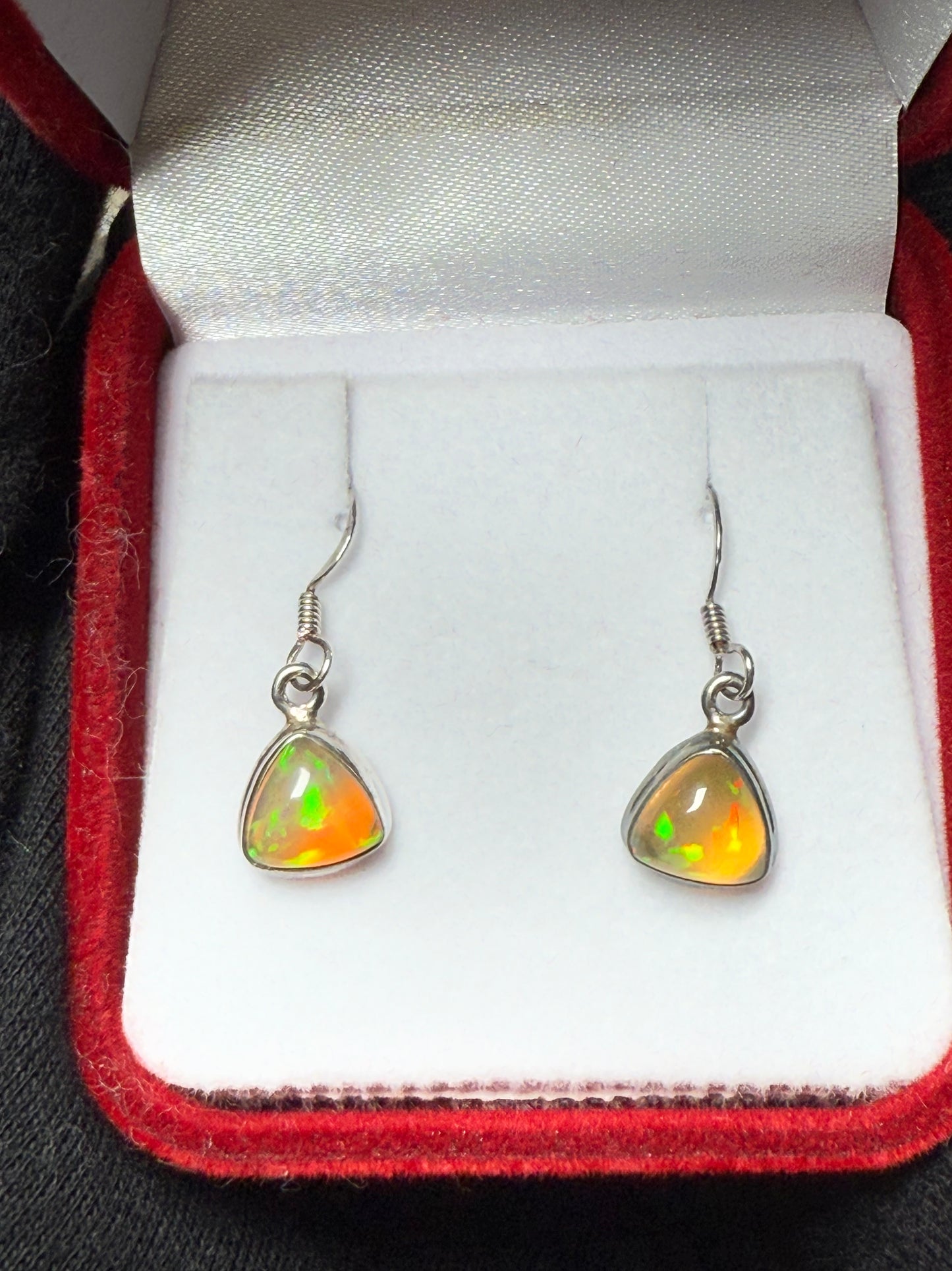 Natural Ethiopian Opal Trillion Cut Sterling Silver Dangle Earrings