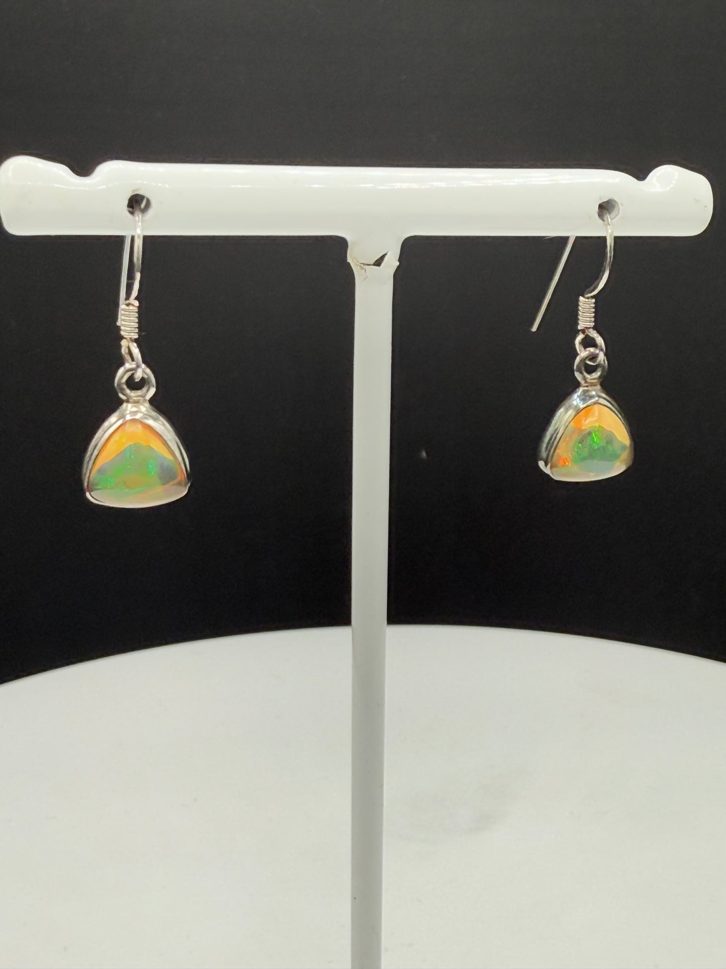 Natural Ethiopian Opal Trillion Cut Sterling Silver Dangle Earrings
