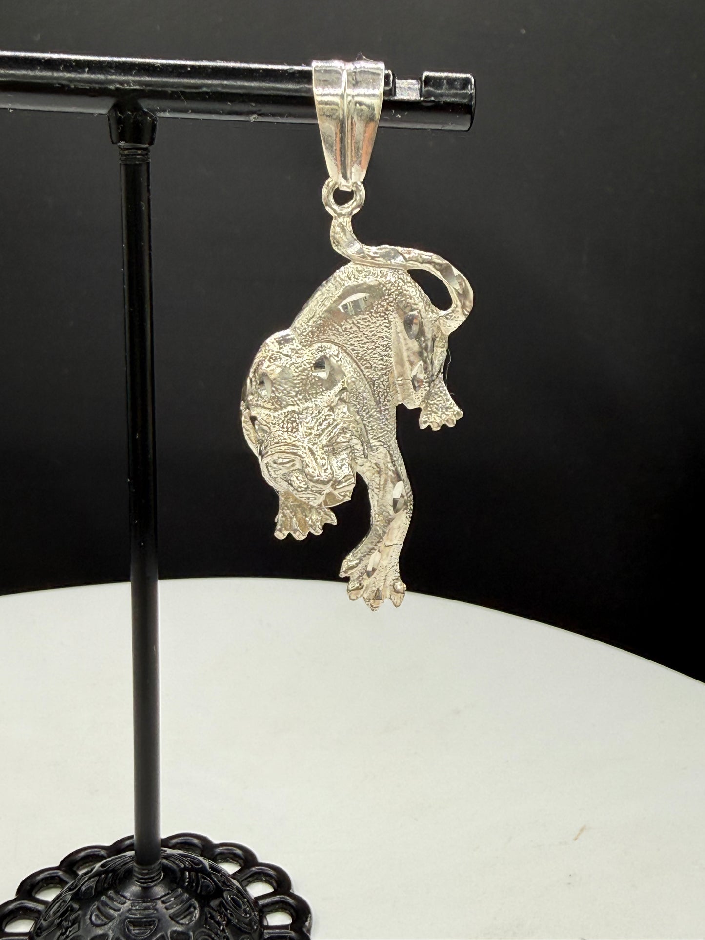 Solid 925 Sterling Silver Tiger Panther Pendant | 2.12 Inches | Diamond Cut Enhancer Bail