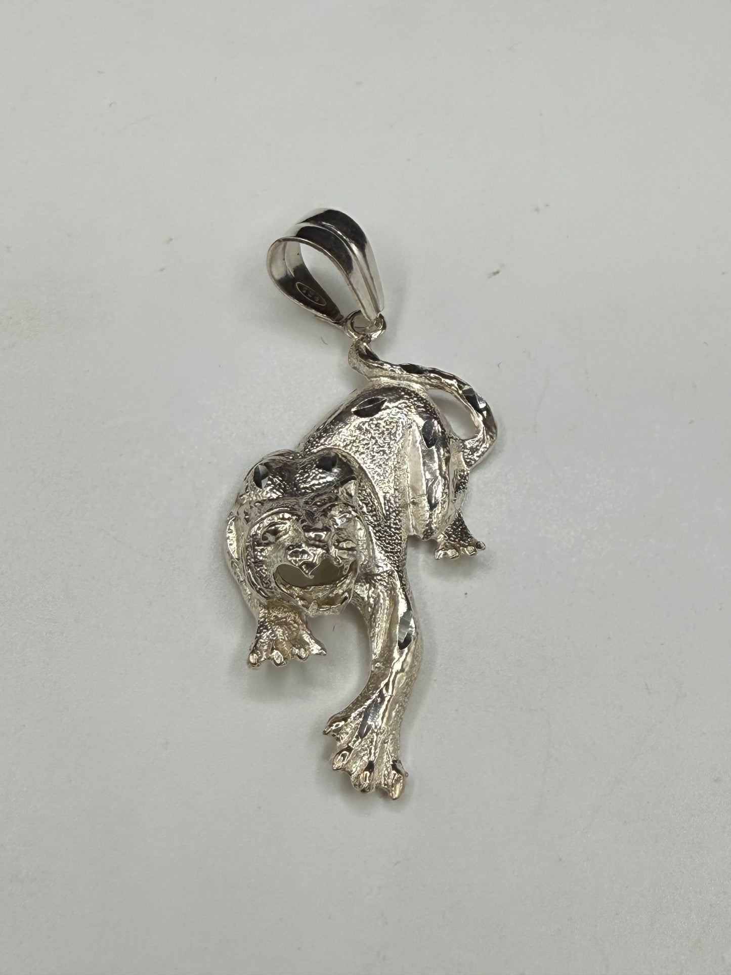 Solid 925 Sterling Silver Tiger Panther Pendant | 2.12 Inches | Diamond Cut Enhancer Bail