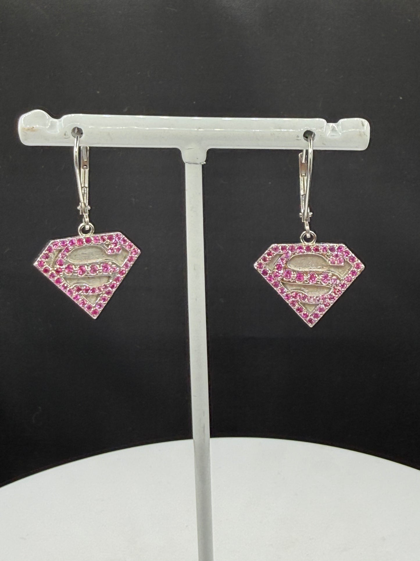 Custom Natural Pink Sapphire Platinum Super Girl Shield Dangle Earrings | 1.36 Inches