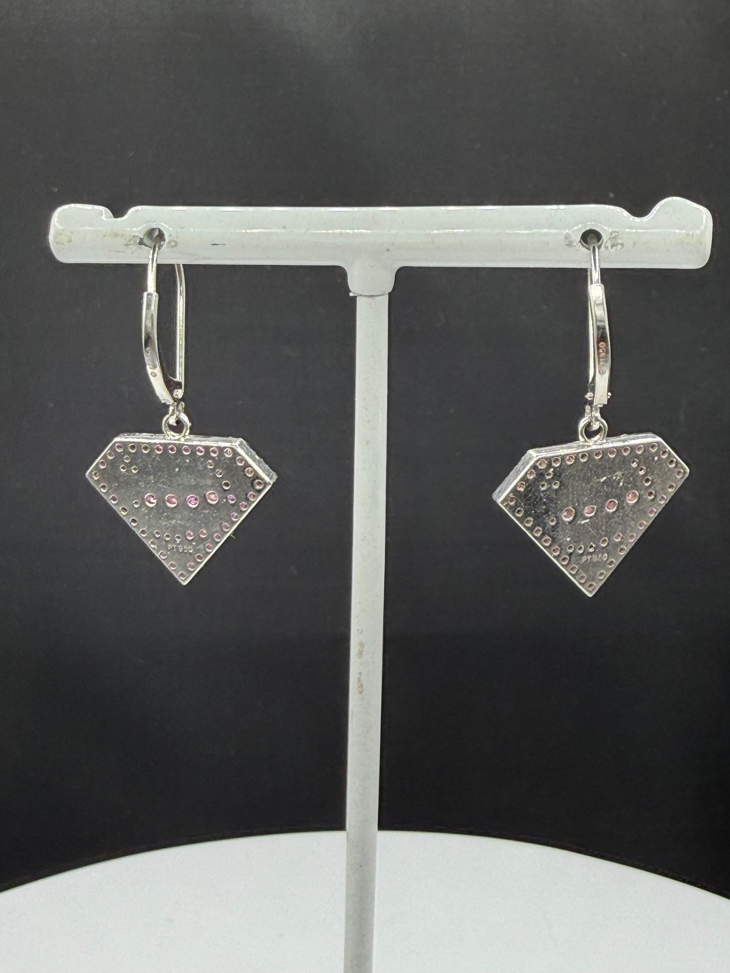 Custom Natural Pink Sapphire Platinum Super Girl Shield Dangle Earrings | 1.36 Inches