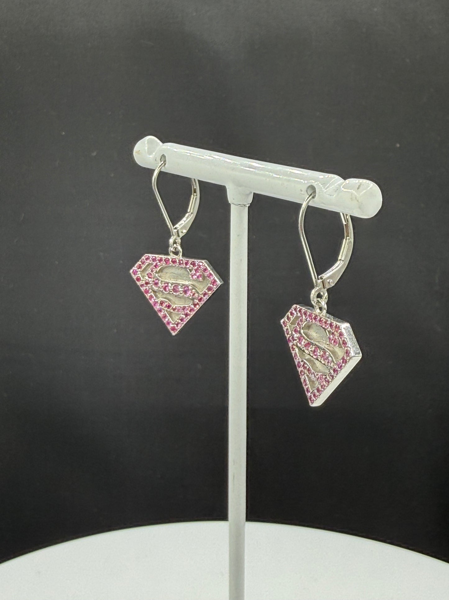 Custom Natural Pink Sapphire Platinum Super Girl Shield Dangle Earrings | 1.36 Inches
