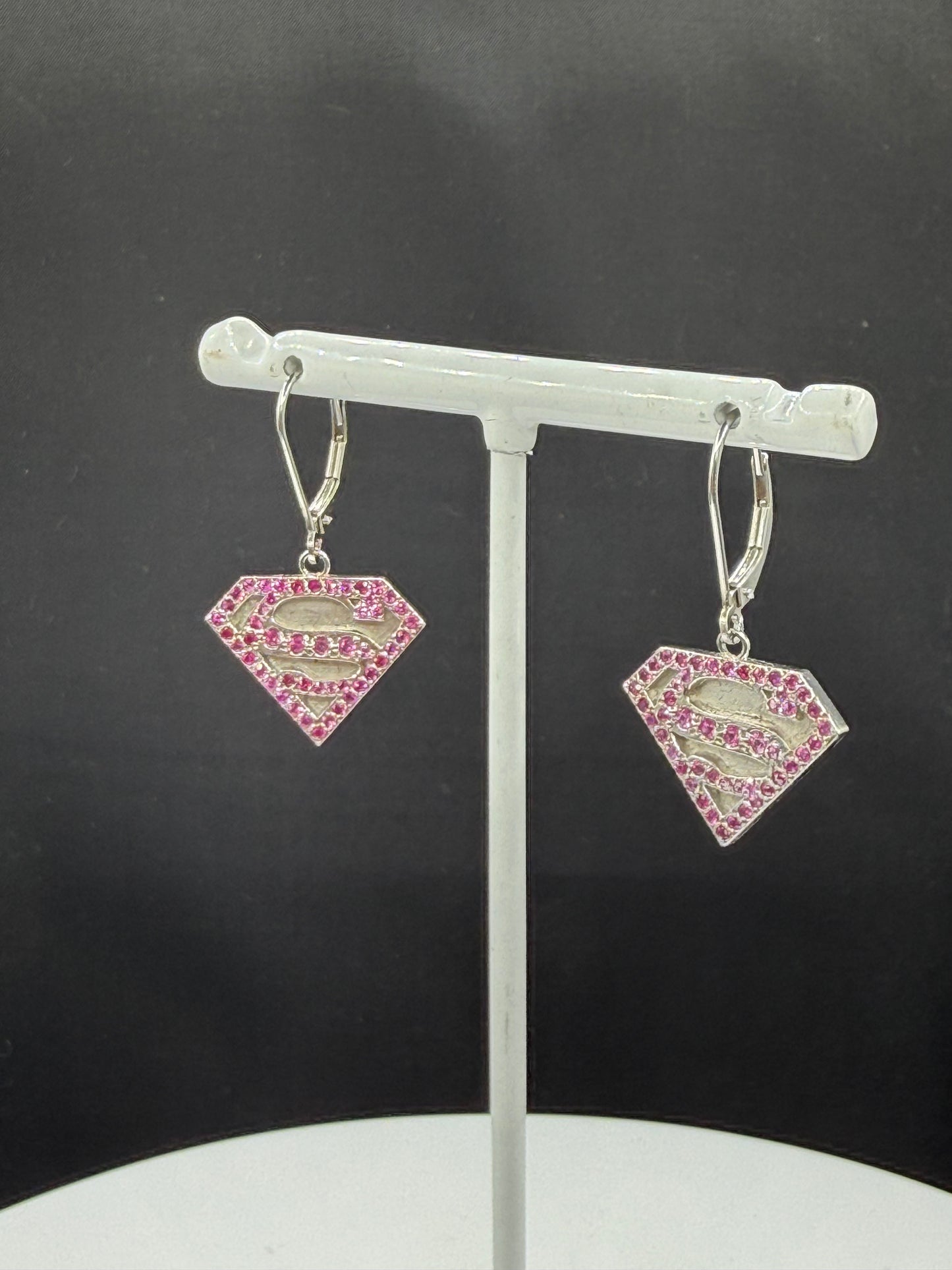 Custom Natural Pink Sapphire Platinum Super Girl Shield Dangle Earrings | 1.36 Inches