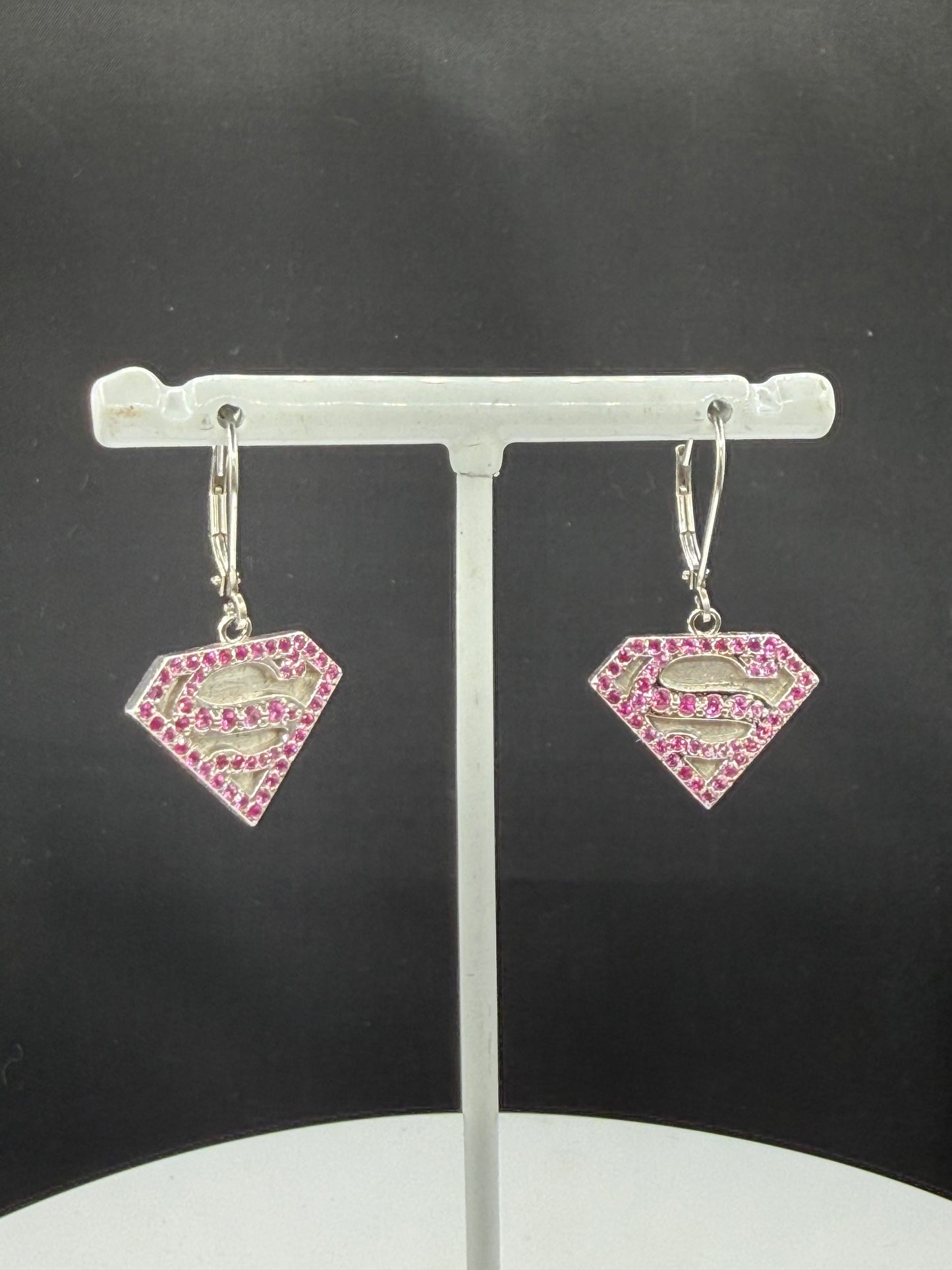 Custom Natural Pink Sapphire Platinum Super Girl Shield Dangle Earrings | 1.36 Inches
