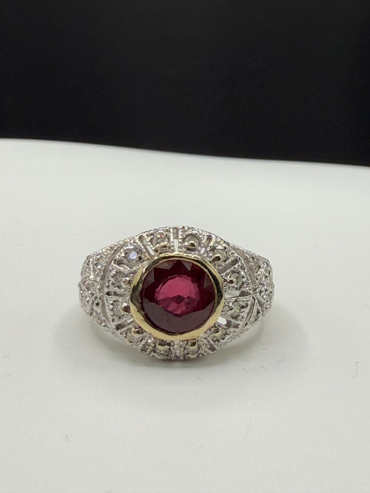 Natural Ruby & Diamond 18k White Gold Ring (Size 6.25)