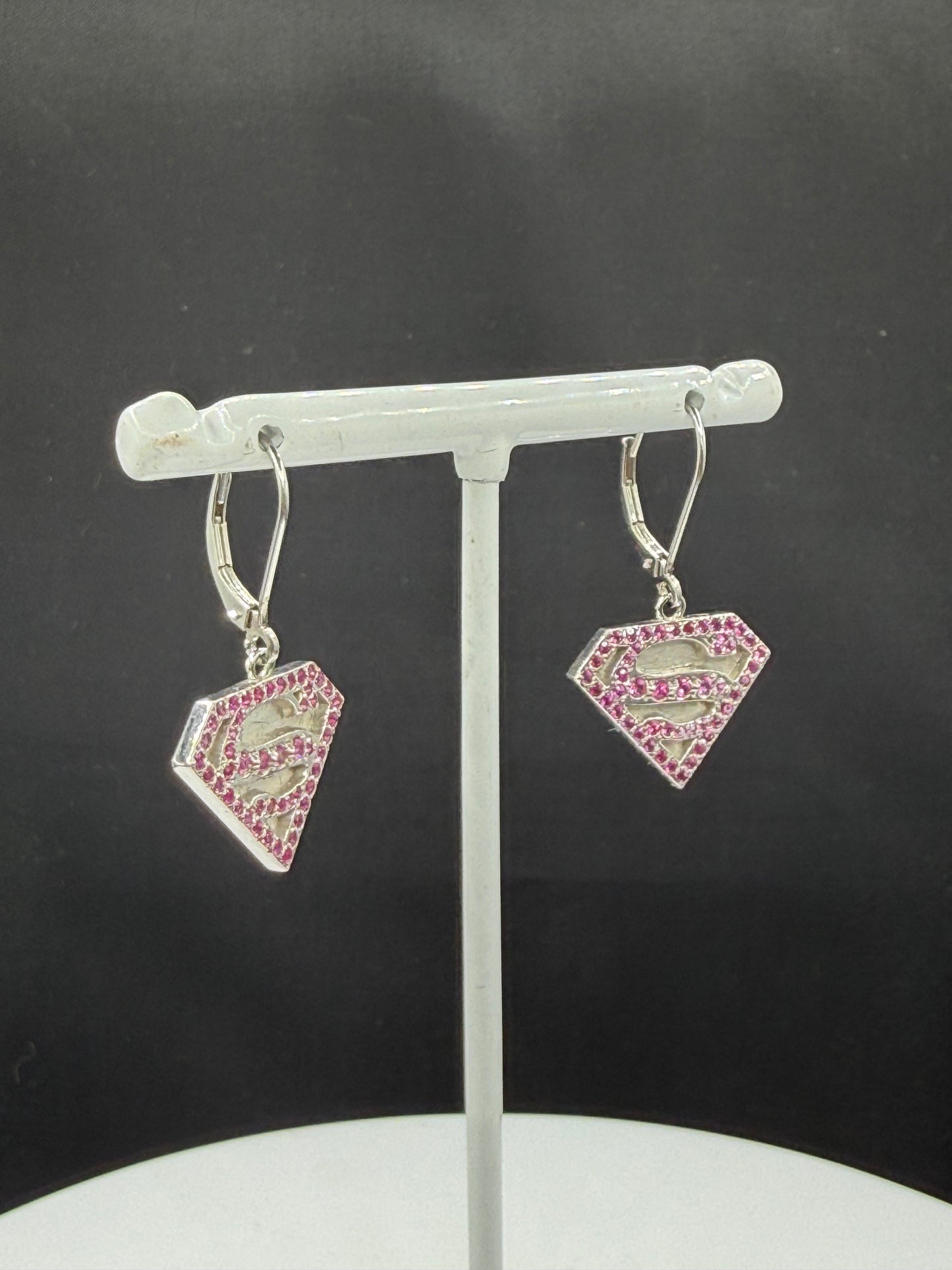 Custom Natural Pink Sapphire Platinum Super Girl Shield Dangle Earrings | 1.36 Inches
