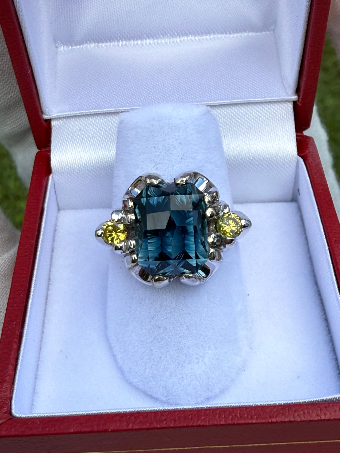 GIA Certified 7.16 Carat Indicolite Blue Tourmaline & Yellow Diamond 14K White Gold Ring | 6.25