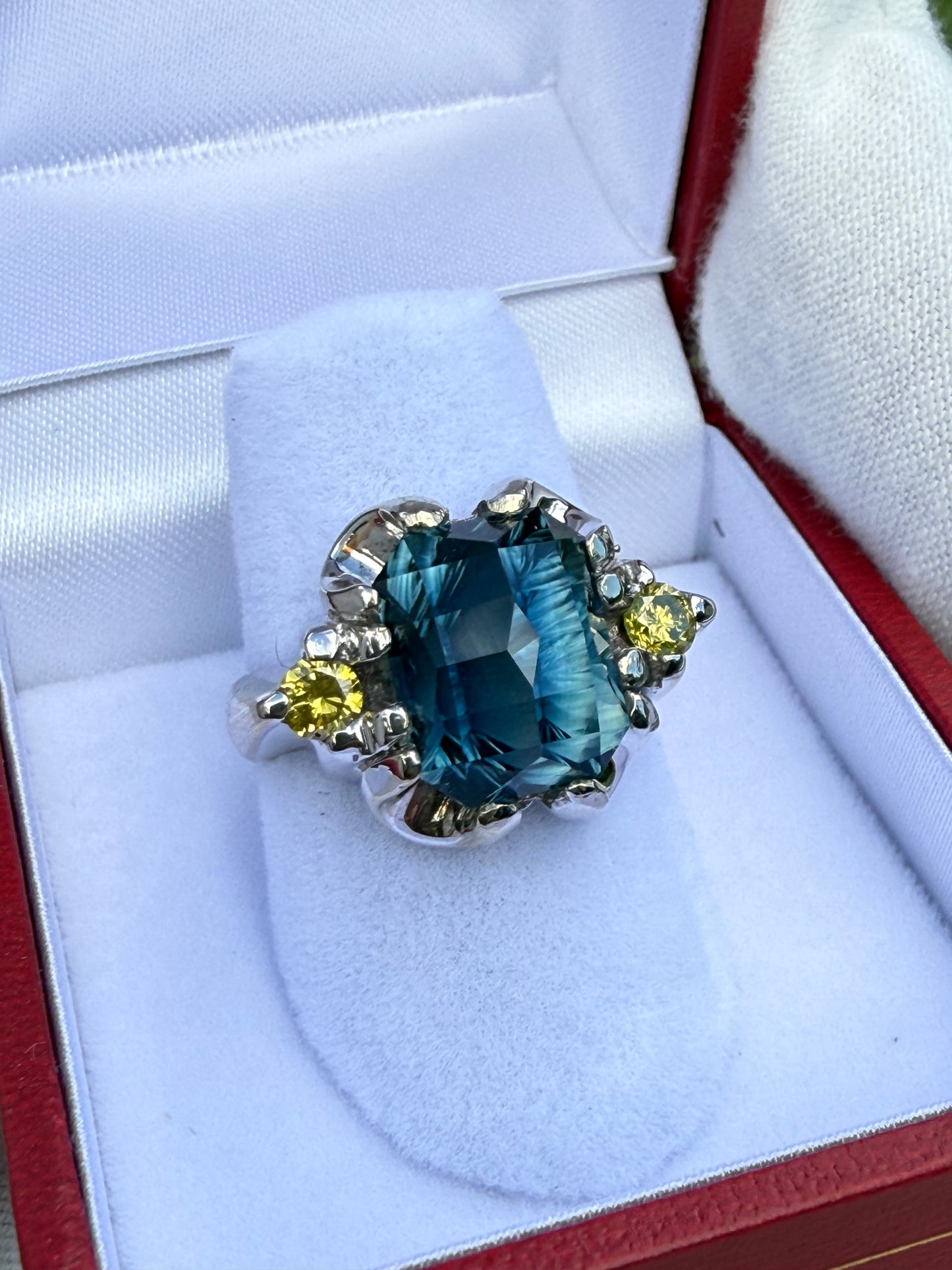 GIA Certified 7.16 Carat Indicolite Blue Tourmaline & Yellow Diamond 14K White Gold Ring | 6.25