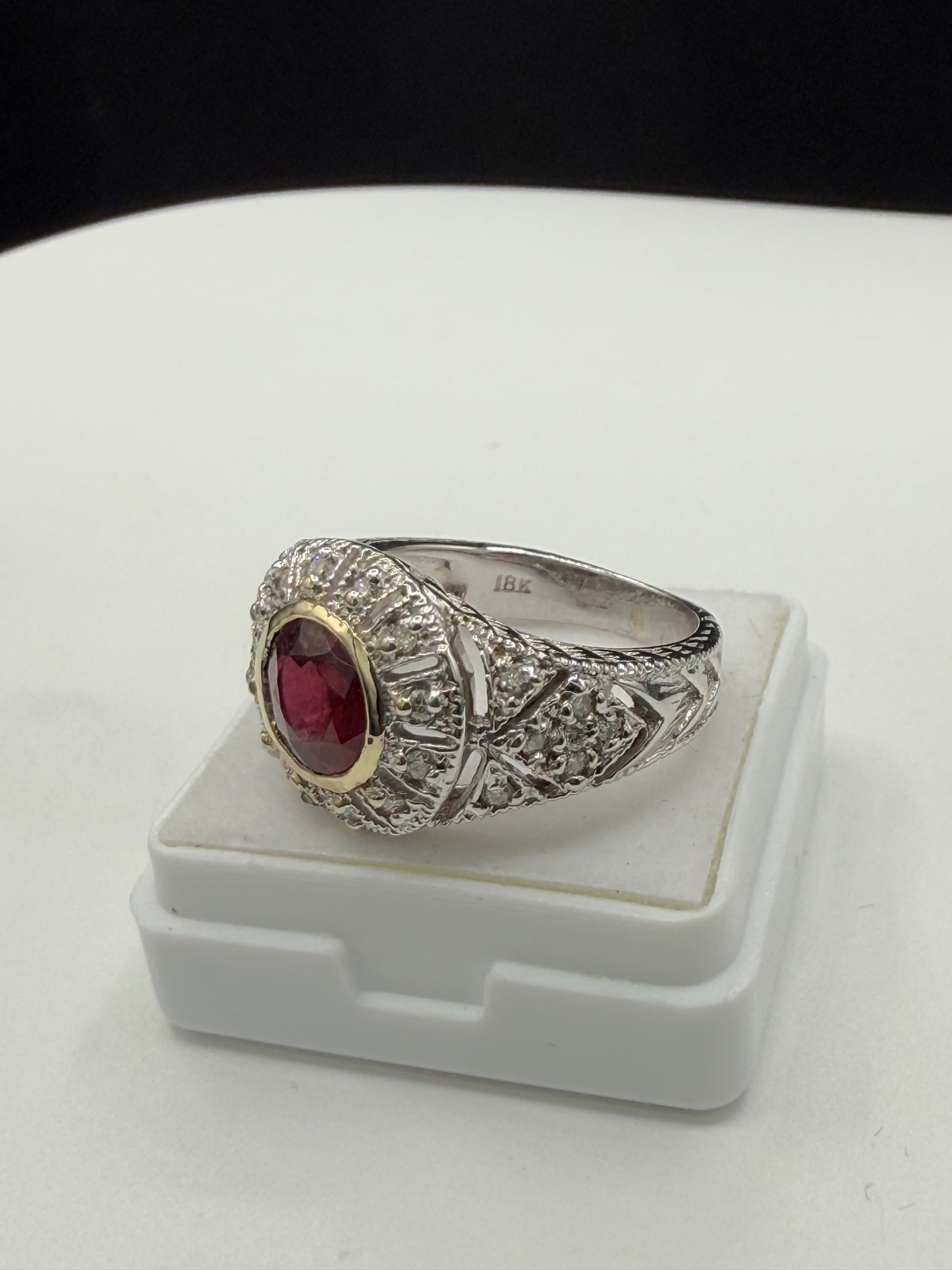 Natural Ruby & Diamond 18k White Gold Ring (Size 6.25)