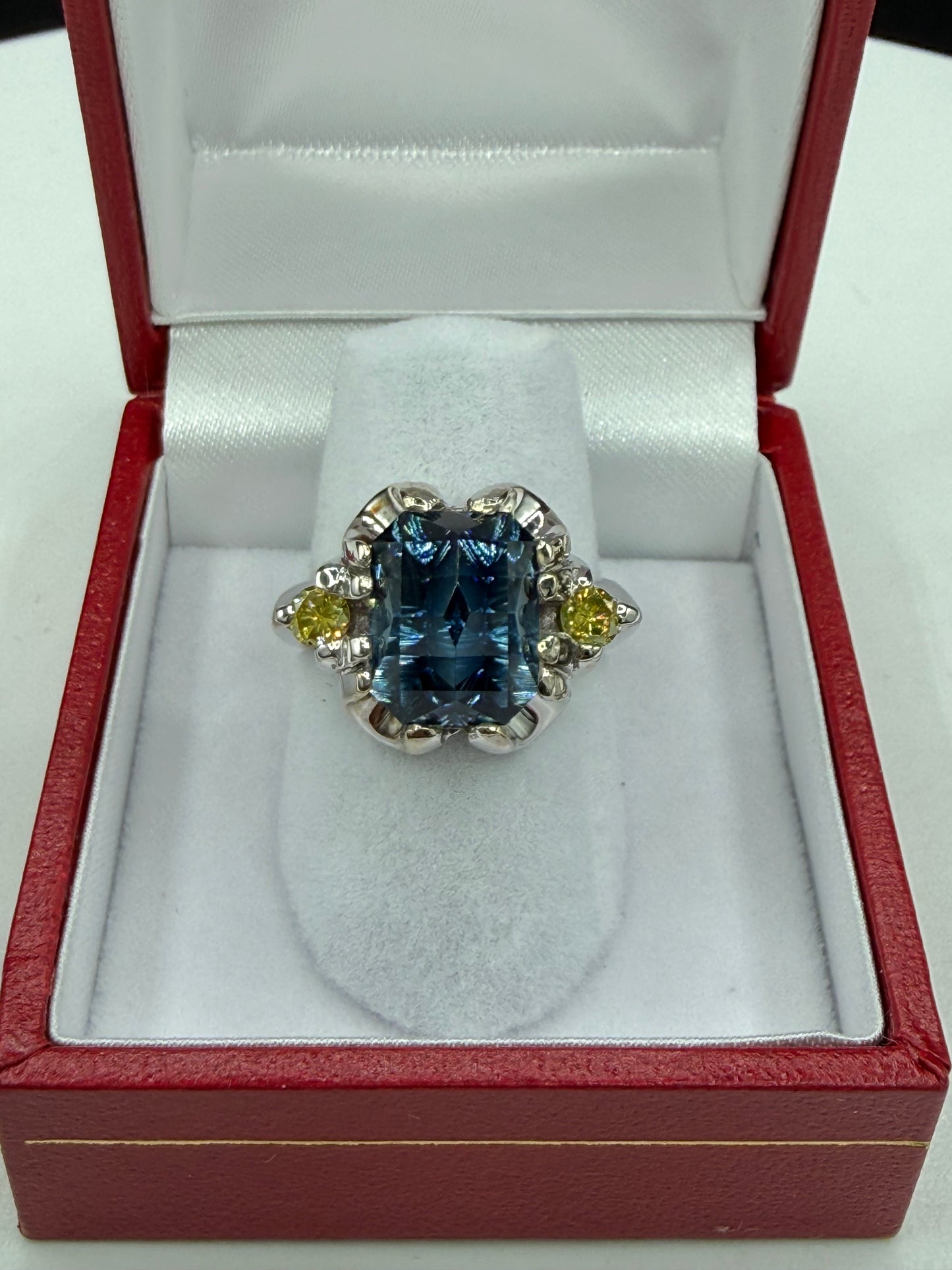 GIA Certified 7.16 Carat Indicolite Blue Tourmaline & Yellow Diamond 14K White Gold Ring | 6.25