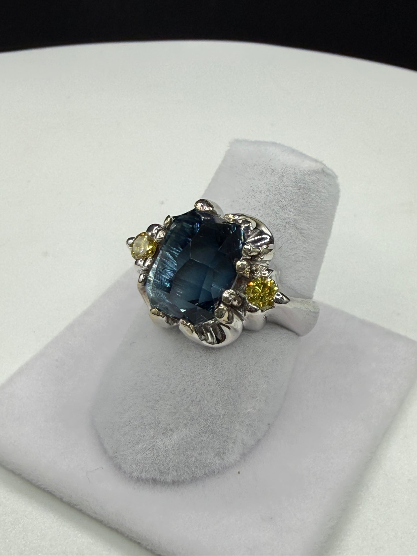 GIA Certified 7.16 Carat Indicolite Blue Tourmaline & Yellow Diamond 14K White Gold Ring | 6.25