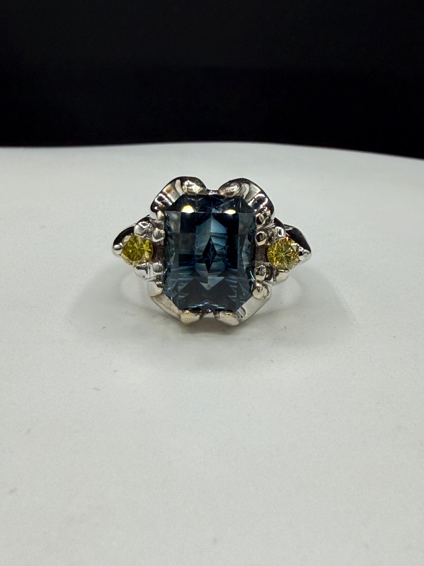 GIA Certified 7.16 Carat Indicolite Blue Tourmaline & Yellow Diamond 14K White Gold Ring | 6.25