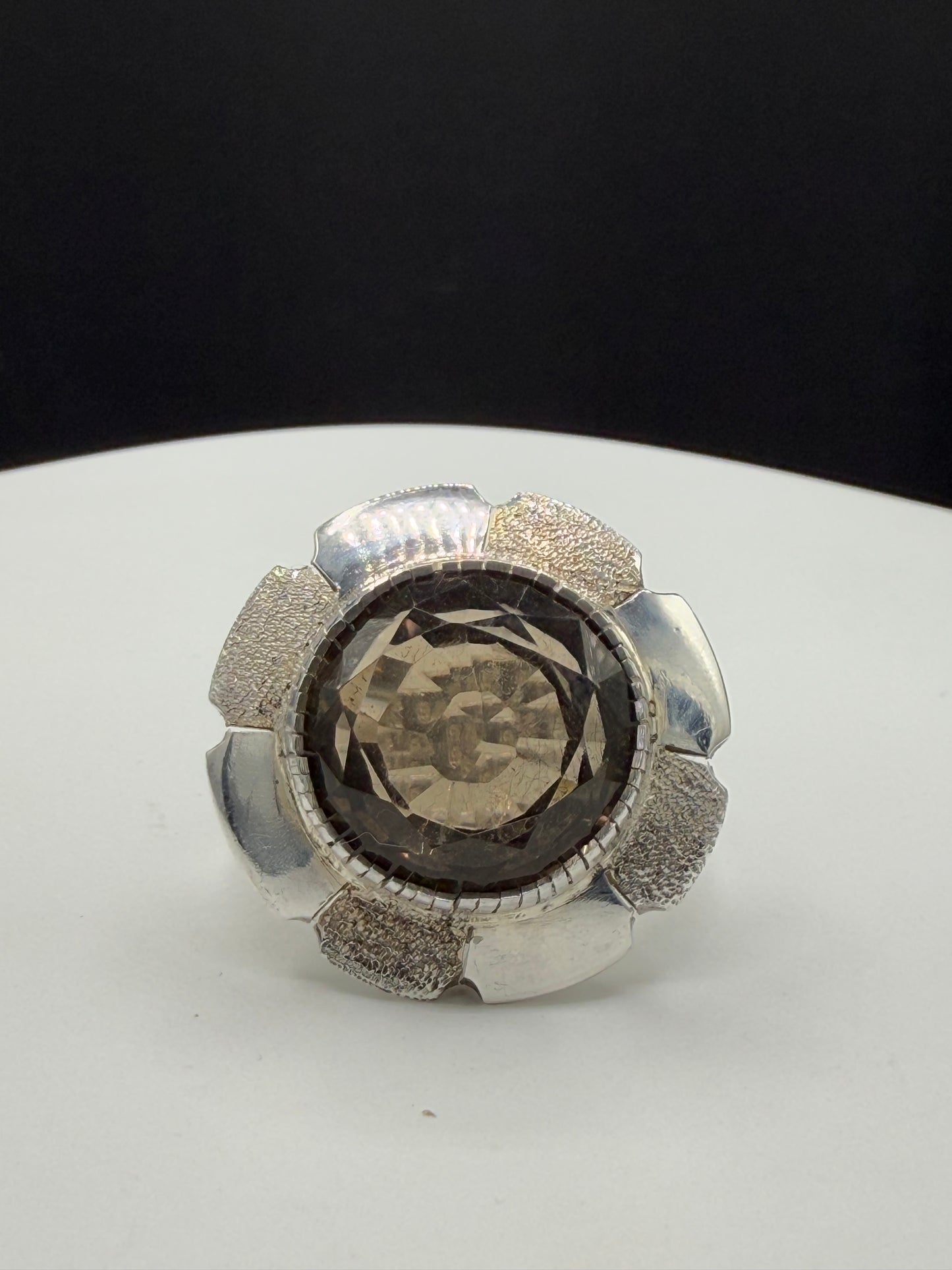 Handmade Natural Smoky Quartz Sterling Silver Cocktail Ring - Artsy Statement Jewelry - Size 8.25