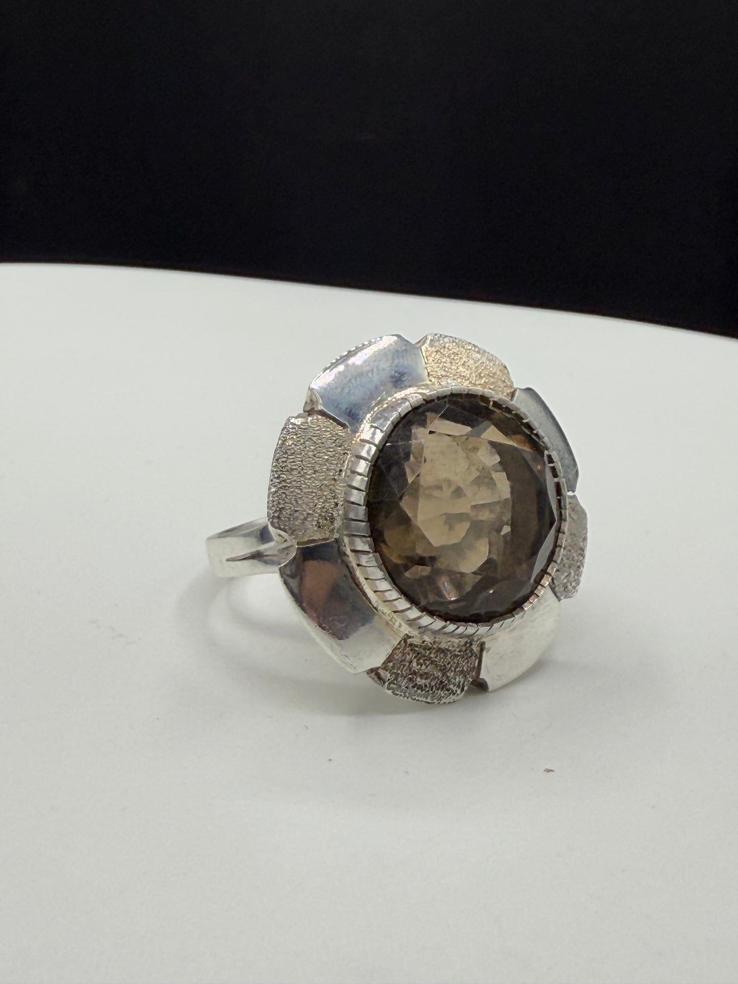 Handmade Natural Smoky Quartz Sterling Silver Cocktail Ring - Artsy Statement Jewelry - Size 8.25