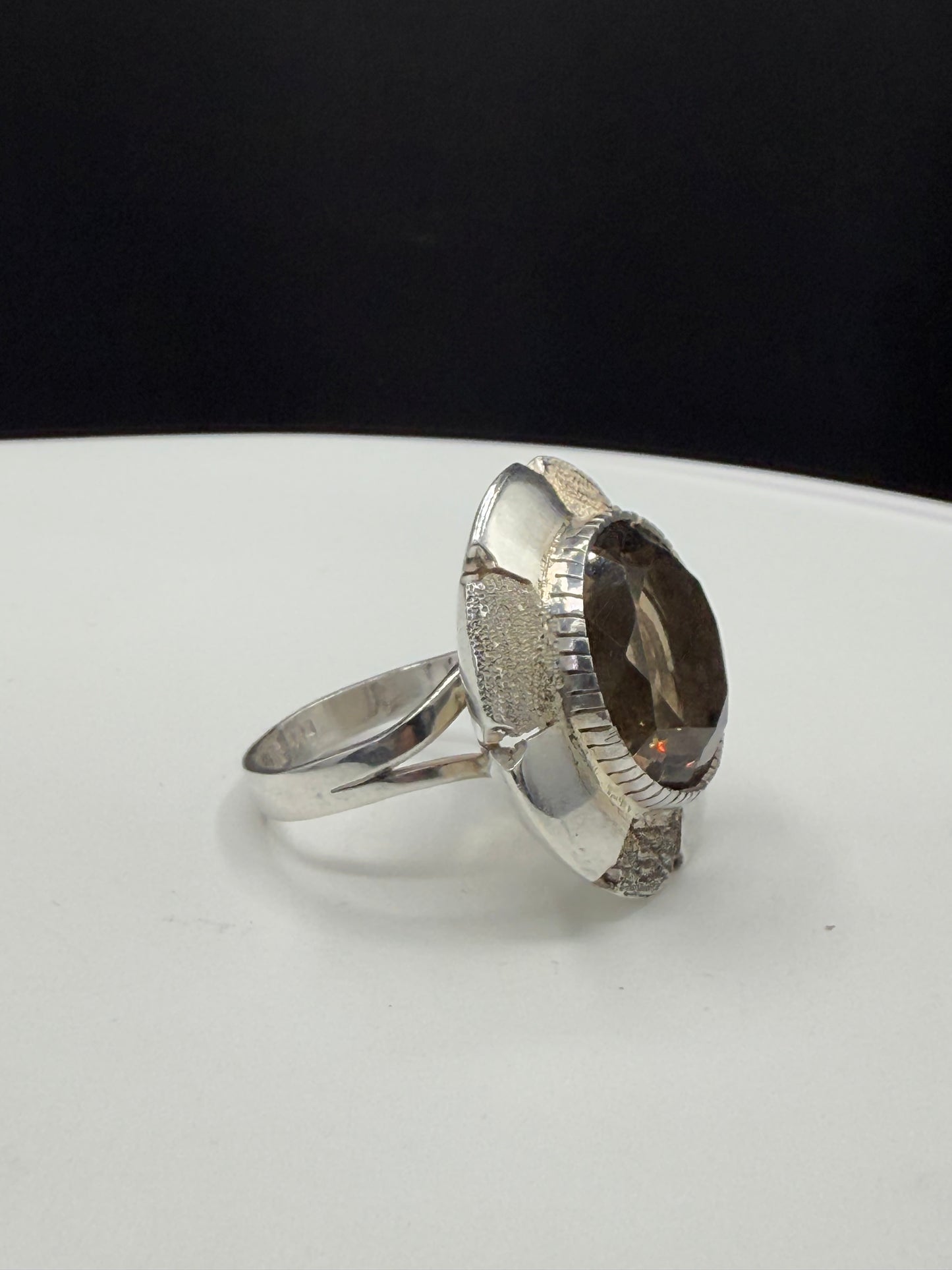 Handmade Natural Smoky Quartz Sterling Silver Cocktail Ring - Artsy Statement Jewelry - Size 8.25