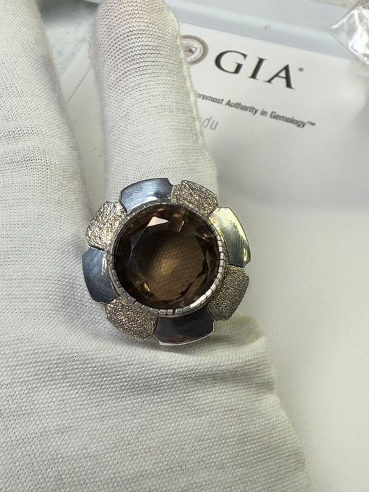 Handmade Natural Smoky Quartz Sterling Silver Cocktail Ring - Artsy Statement Jewelry - Size 8.25