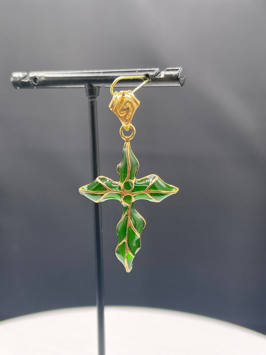 Handmade Solid 18k Yellow Gold Green Enamel Cross Pendant