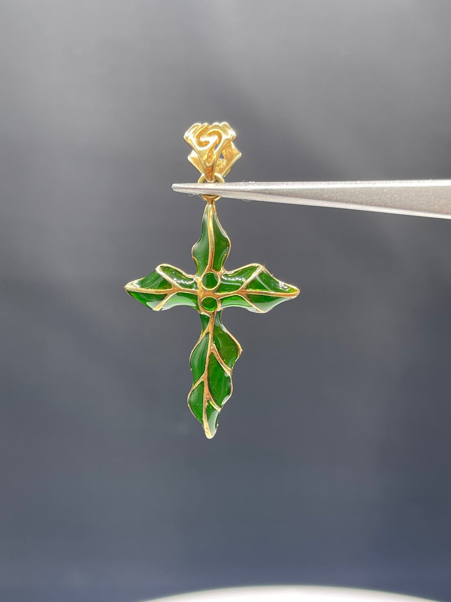 Handmade Solid 18k Yellow Gold Green Enamel Cross Pendant