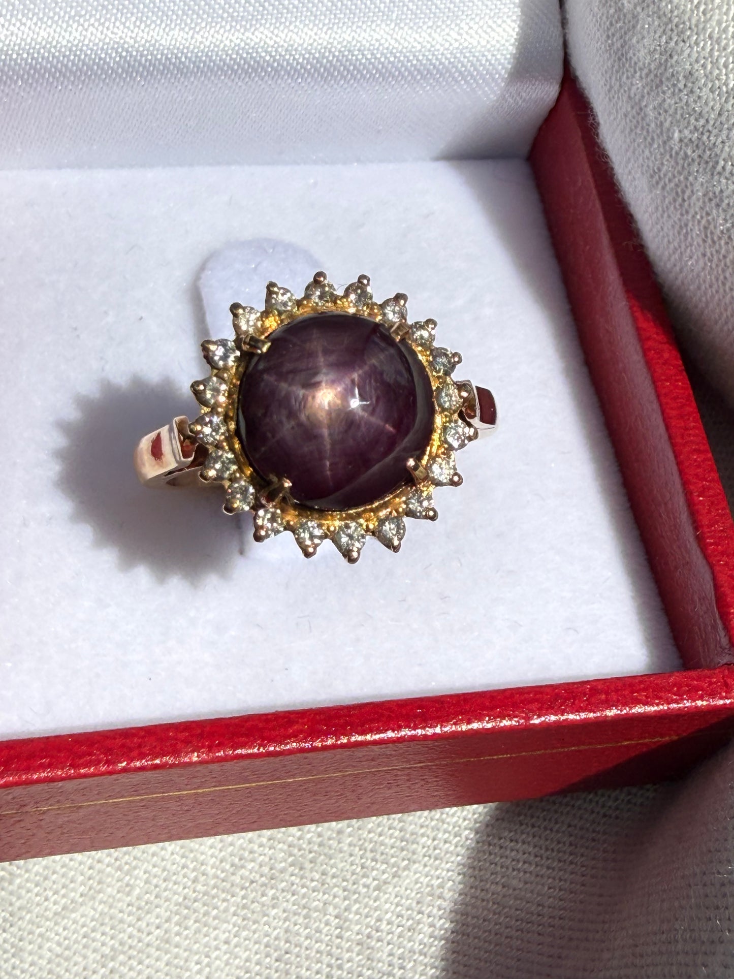 Natural Plum Star Ruby & Diamond 18K Yellow Gold Halo Ring | 6.47 CTW | Size 6.5