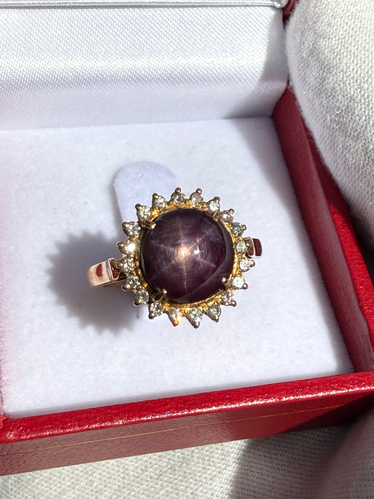 Natural Plum Star Ruby & Diamond 18K Yellow Gold Halo Ring | 6.47 CTW | Size 6.5