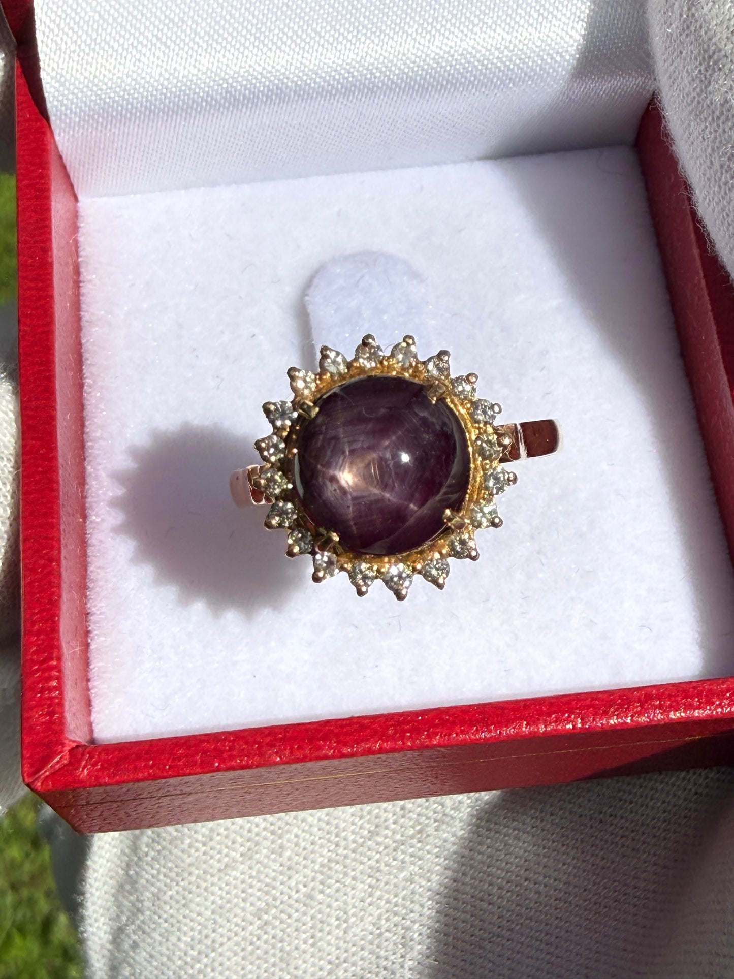 Natural Plum Star Ruby & Diamond 18K Yellow Gold Halo Ring | 6.47 CTW | Size 6.5