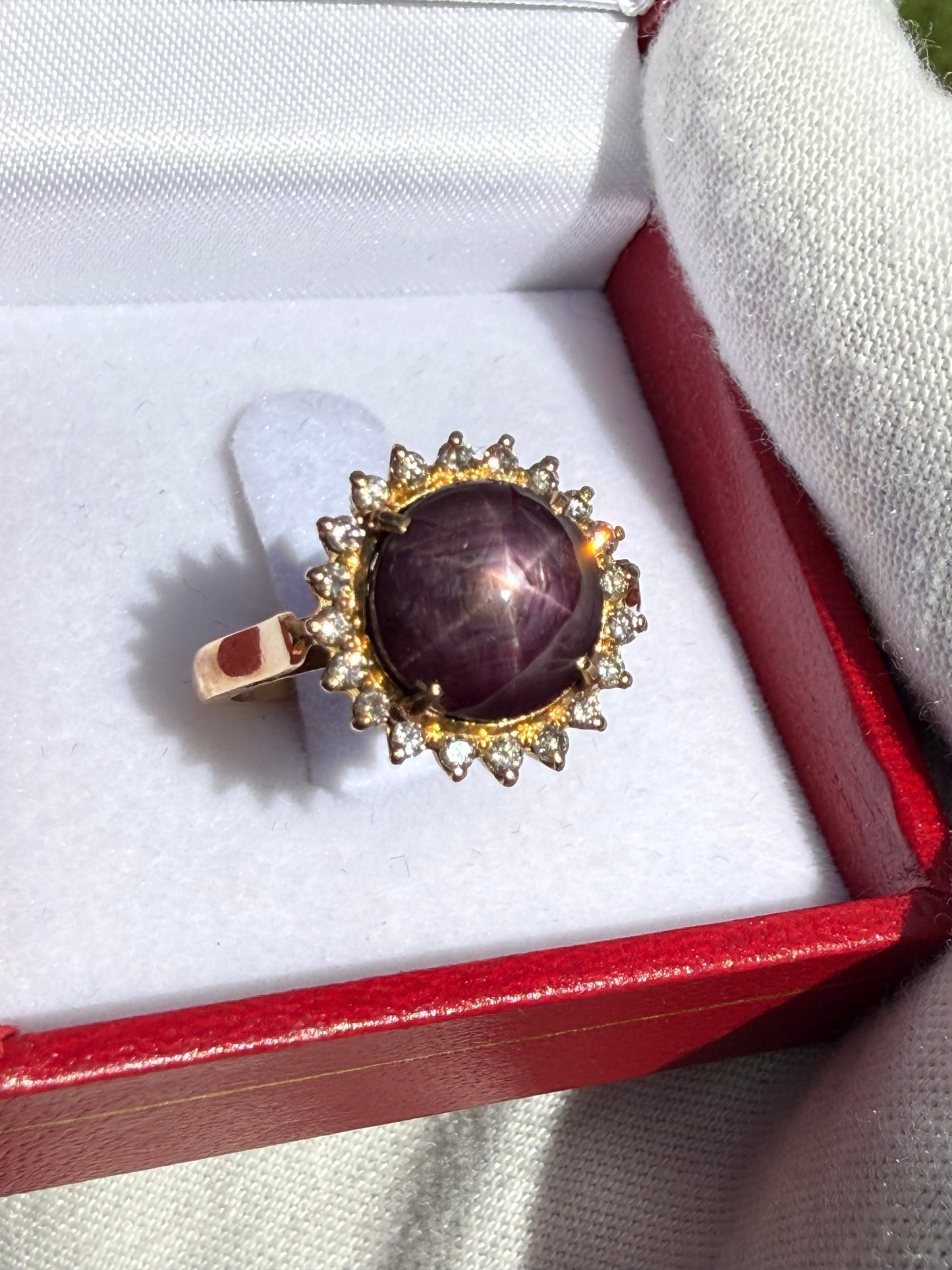 Natural Plum Star Ruby & Diamond 18K Yellow Gold Halo Ring | 6.47 CTW | Size 6.5
