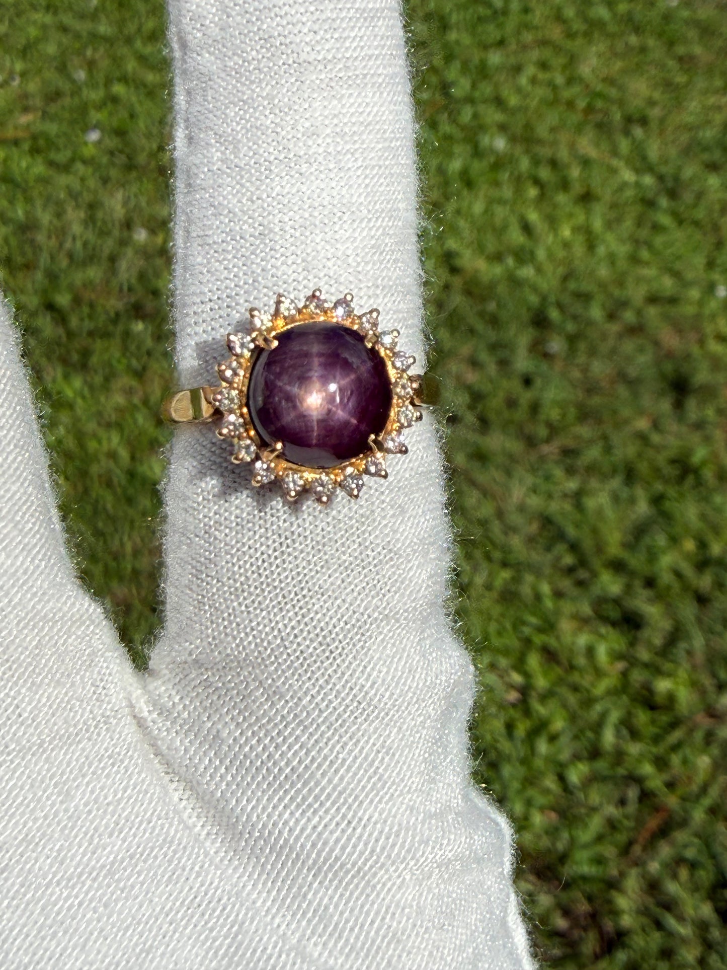 Natural Plum Star Ruby & Diamond 18K Yellow Gold Halo Ring | 6.47 CTW | Size 6.5