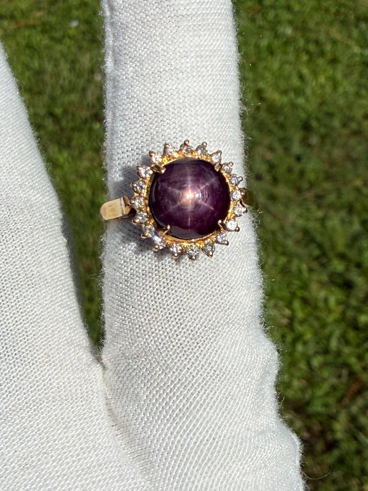 Natural Plum Star Ruby & Diamond 18K Yellow Gold Halo Ring | 6.47 CTW | Size 6.5