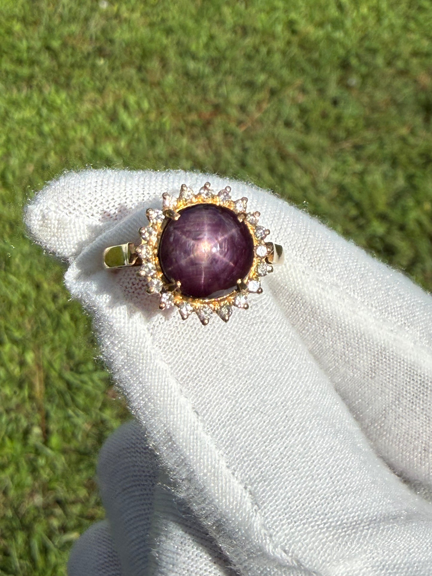 Natural Plum Star Ruby & Diamond 18K Yellow Gold Halo Ring | 6.47 CTW | Size 6.5