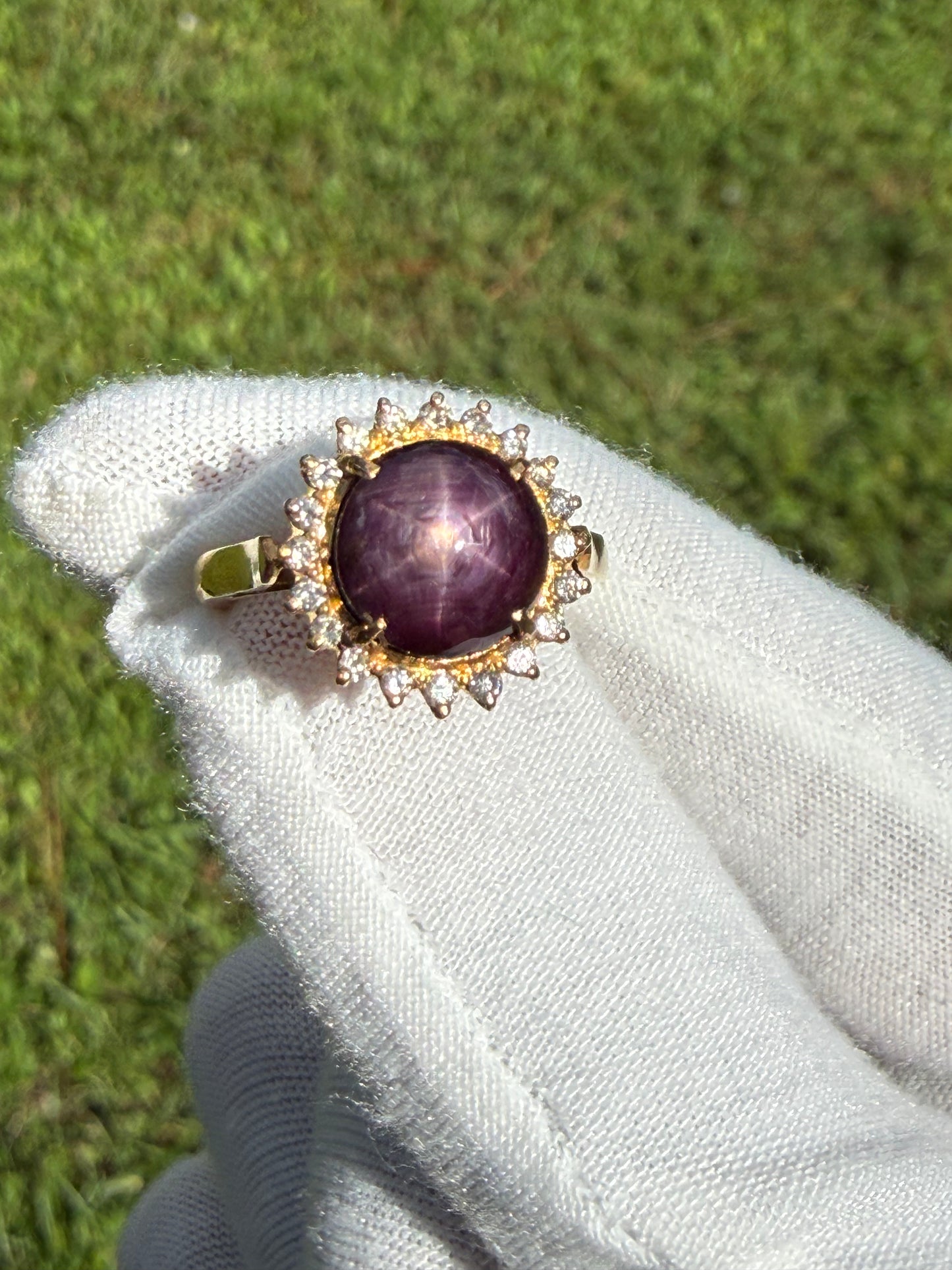 Natural Plum Star Ruby & Diamond 18K Yellow Gold Halo Ring | 6.47 CTW | Size 6.5