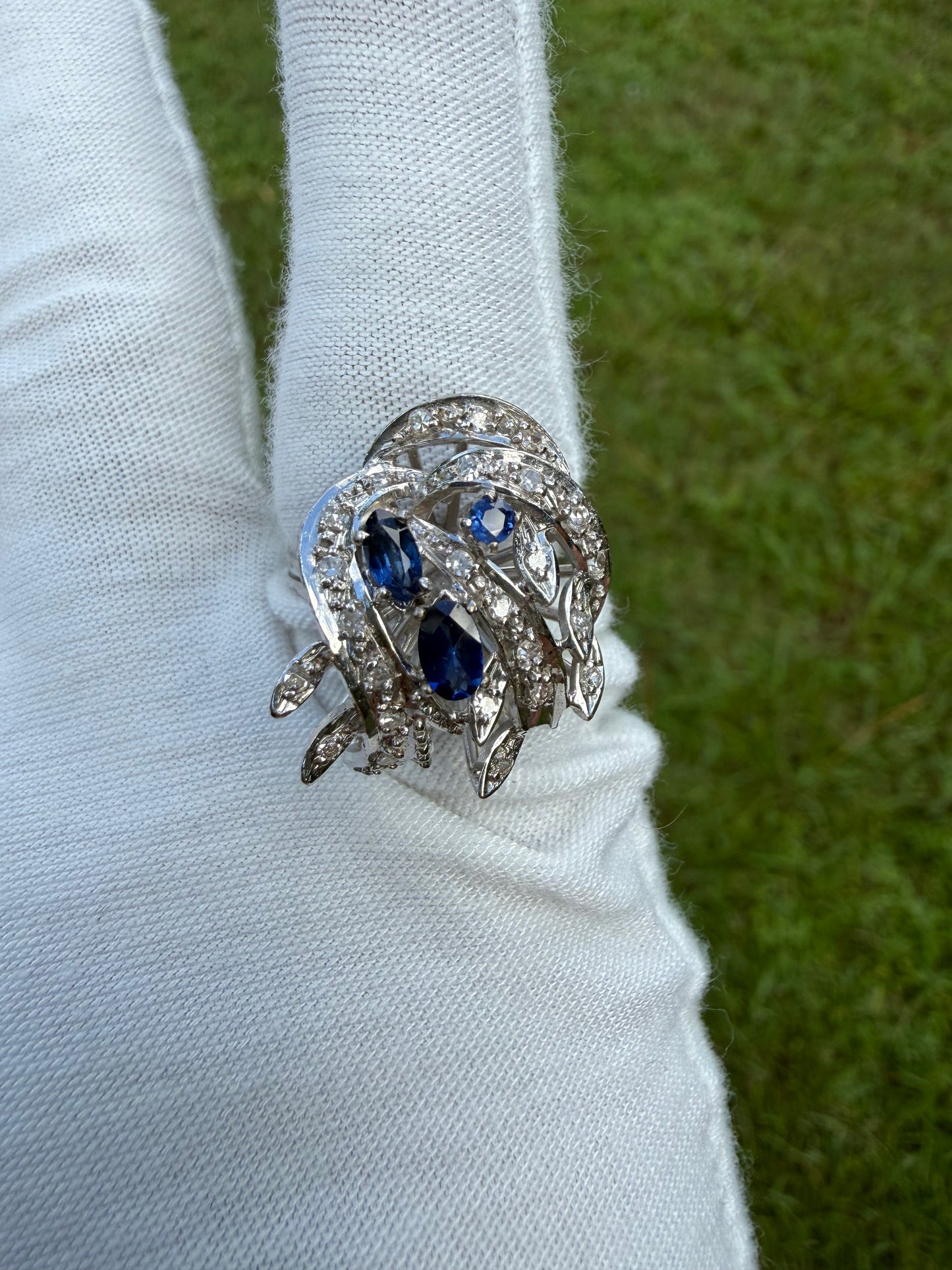 Antique French Art Deco Sapphire & Diamond 18K White Gold Ring | Circa 1920 | Hallmarked | Size 7