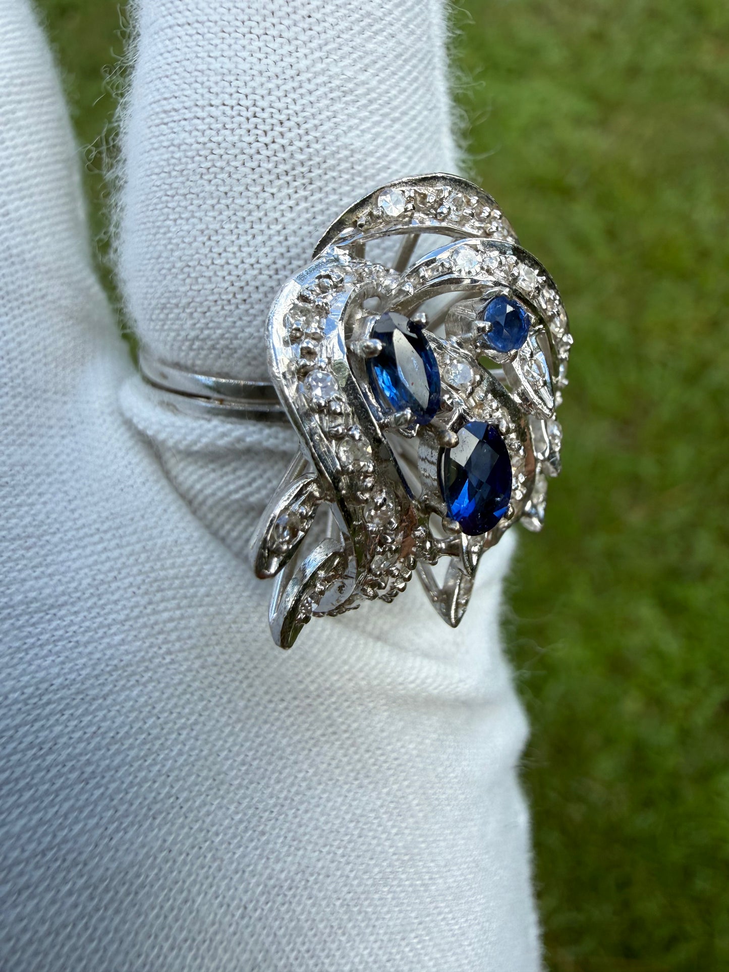 Antique French Art Deco Sapphire & Diamond 18K White Gold Ring | Circa 1920 | Hallmarked | Size 7
