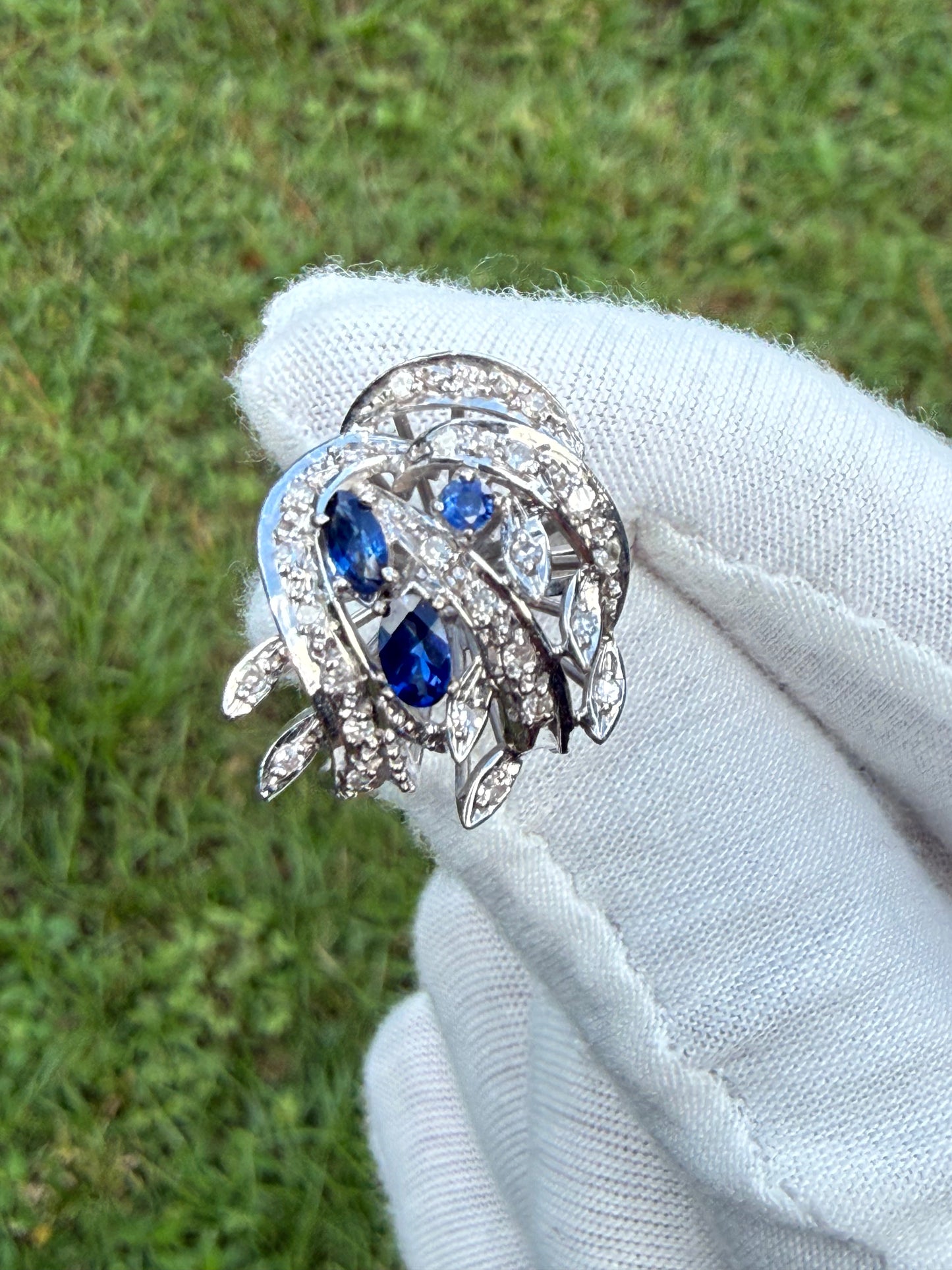 Antique French Art Deco Sapphire & Diamond 18K White Gold Ring | Circa 1920 | Hallmarked | Size 7
