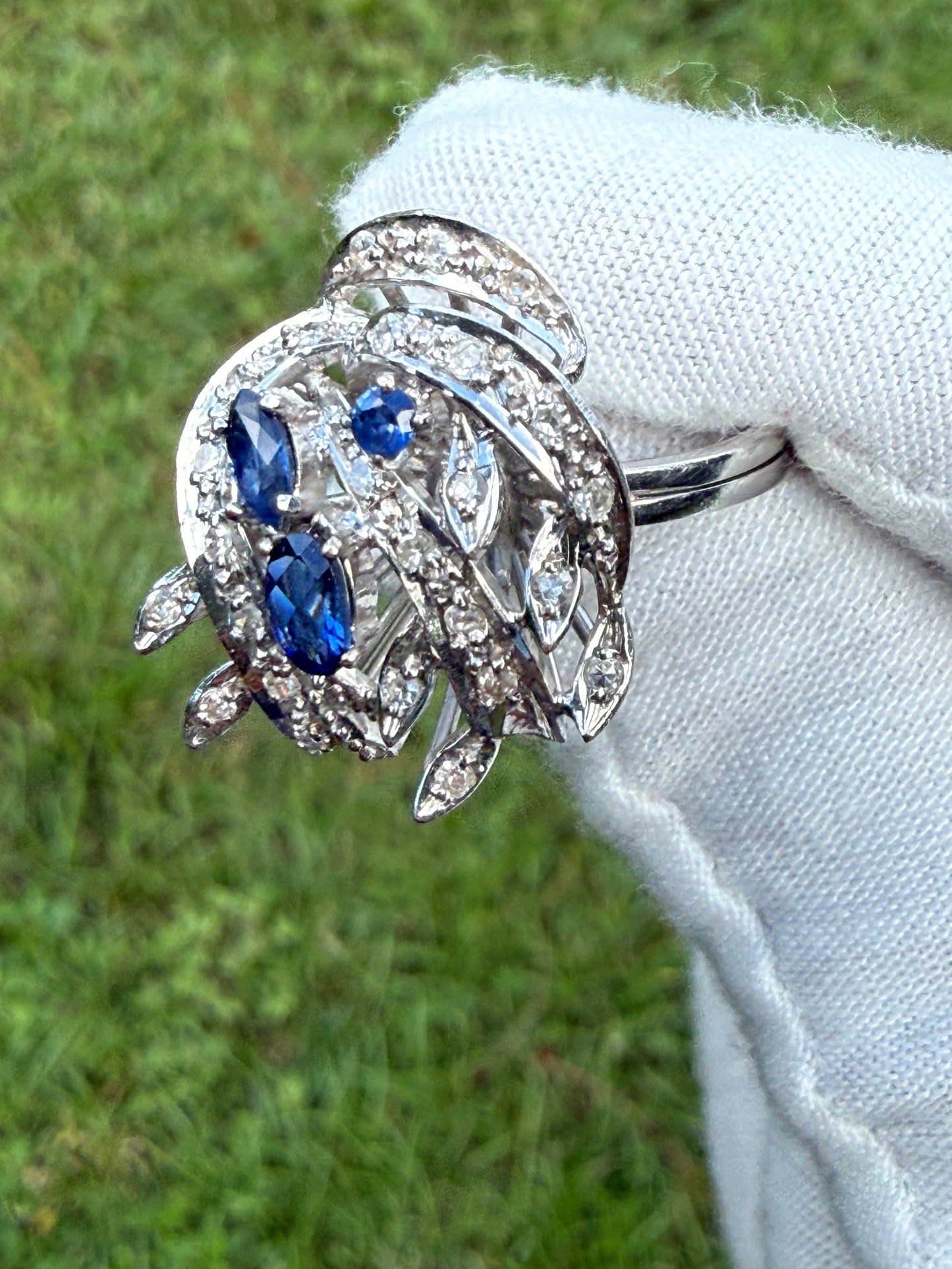 Antique French Art Deco Sapphire & Diamond 18K White Gold Ring | Circa 1920 | Hallmarked | Size 7