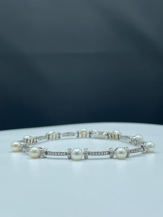 Natural Cultured Pearl & Diamond 14k White Gold Bracelet - 7.5 Inches